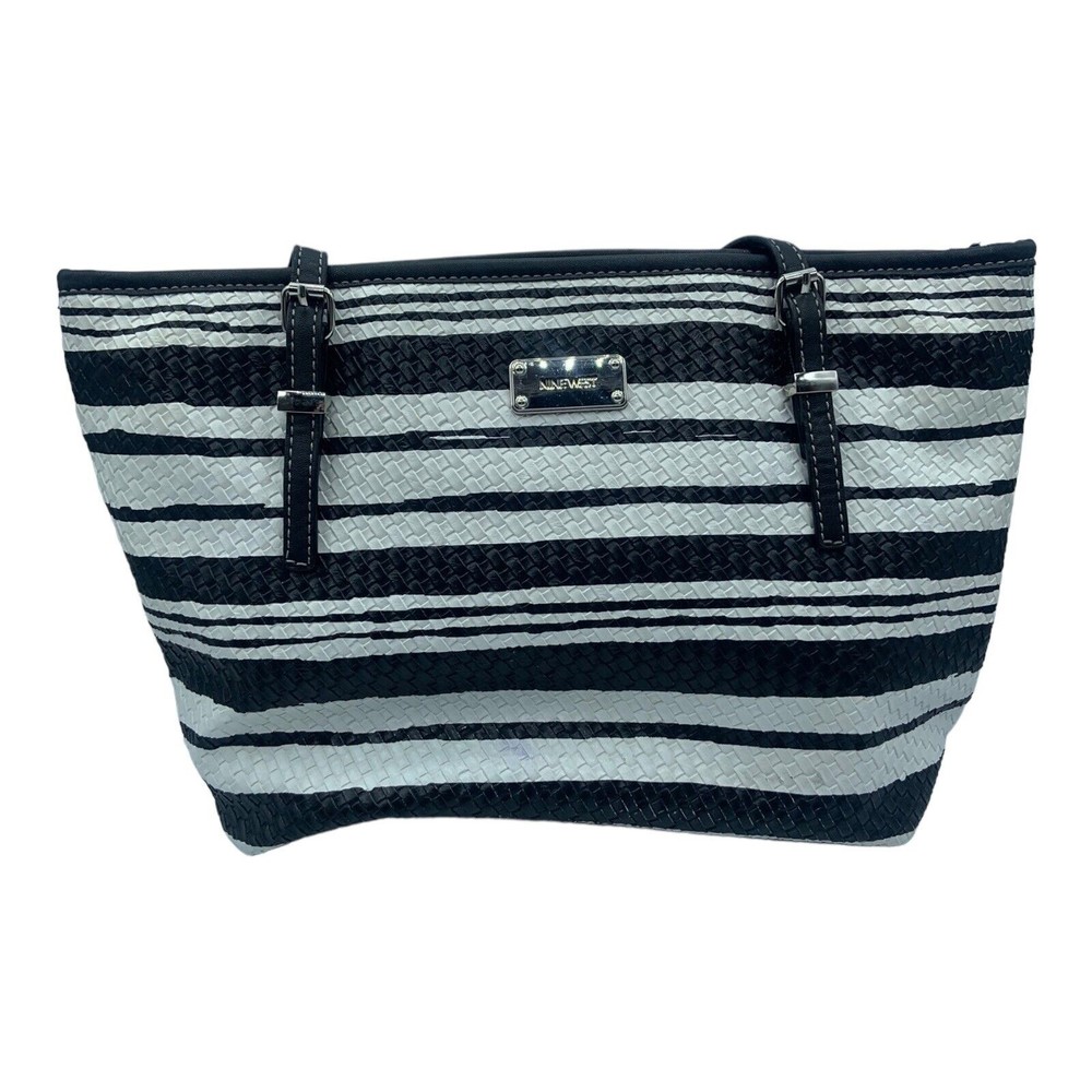 Nine West Tote Shoulder Bag Black White Stripe Zip Pockets Medium Faux Leather